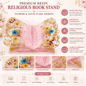 Premium Resin Religious Book Stand with Bookmark, Decorative Foldable Rehal for Prayer Books, Holy Books, Home Temple, Prayer Room & Gifting